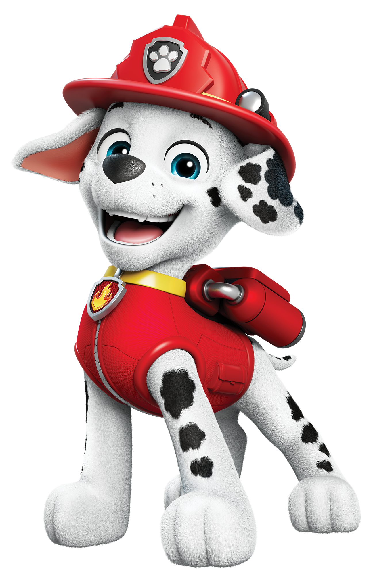 Animated Dalmatian puppy dressed as a firefighter with a red hat and vest, smiling happily.