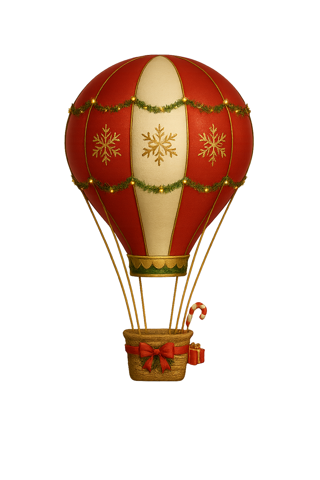 A Christmas-themed hot air balloon with red and cream vertical stripes, decorated with gold snowflakes and green garland, with a basket wrapped with a red bow and a small gift, and a candy cane hanging on its side.