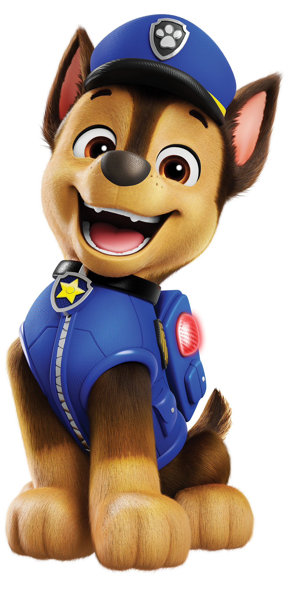 Animated puppy character in a blue police uniform and hat, smiling cheerfully, with a paw print badge on the hat.