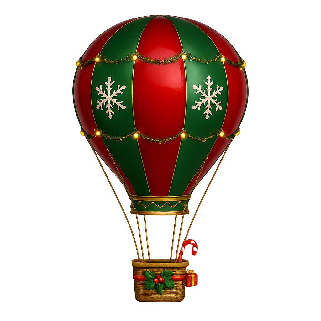 Christmas-themed hot air balloon with red and green panels, decorated with white snowflakes, gold garlands, and a basket adorned with holly and a small gift box.