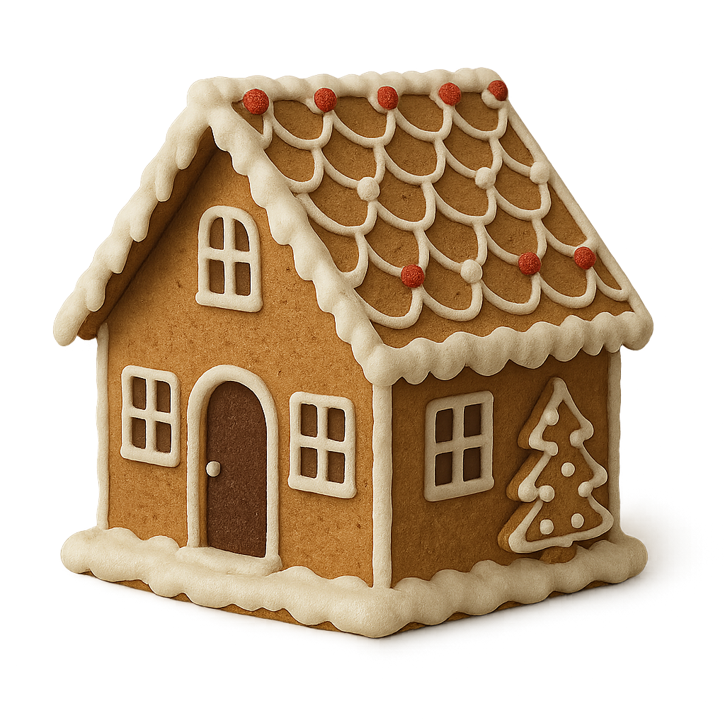 Gingerbread house decorated with white icing, red and white candies, a Christmas tree shape, and small square windows.