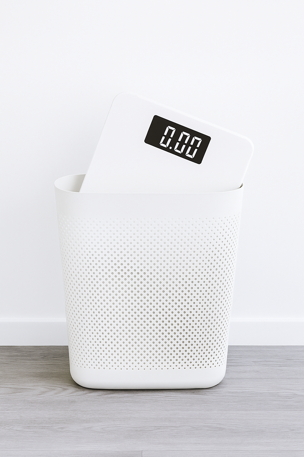 A digital timer with a black display showing 0:00, placed inside a white, perforated wastebasket, set against a white background and light-colored wooden floor.
