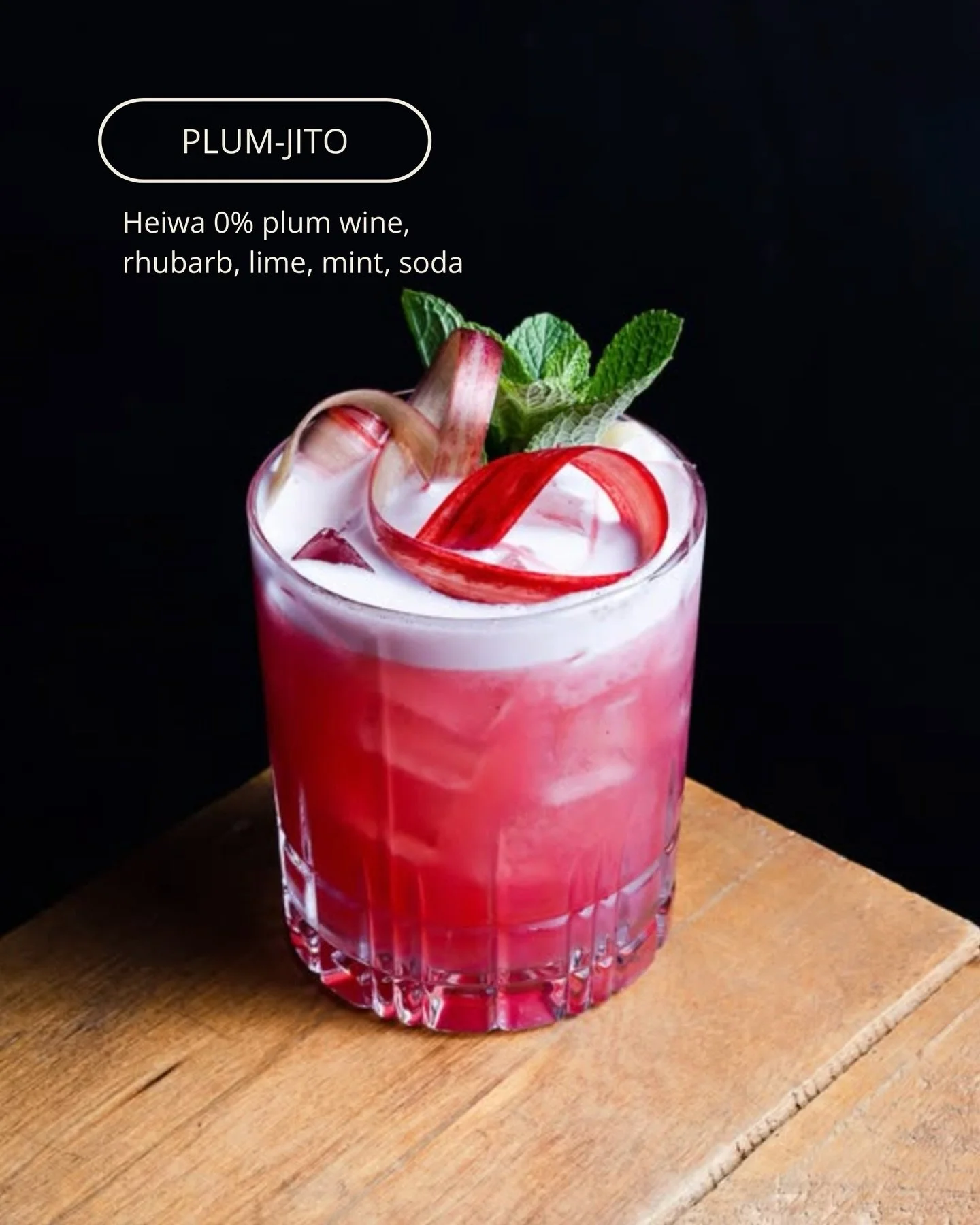 A midweek moment, done properly. 
Meet the Plum-jito &mdash; Heiwa 0% plum wine, rhubarb, lime, mint, soda. Fresh, lifted, and easy to settle into. Take your time with it.