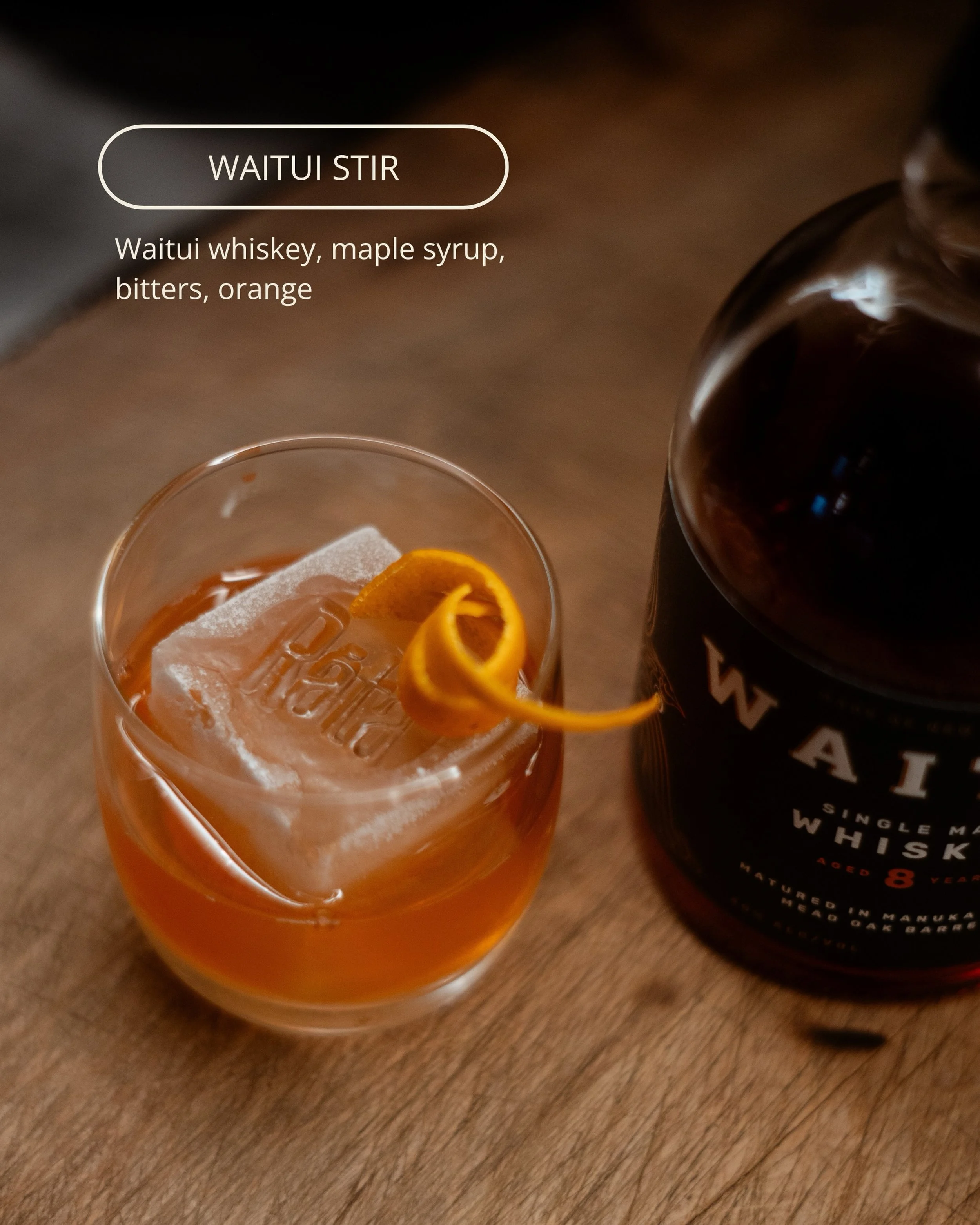 A pour that rewards patience.
Meet the Waitui Stir &mdash; Waitui whiskey, maple syrup, bitters, orange. Warm, rounded, and finished with a citrus lift.
Something to sit with at Rātā.