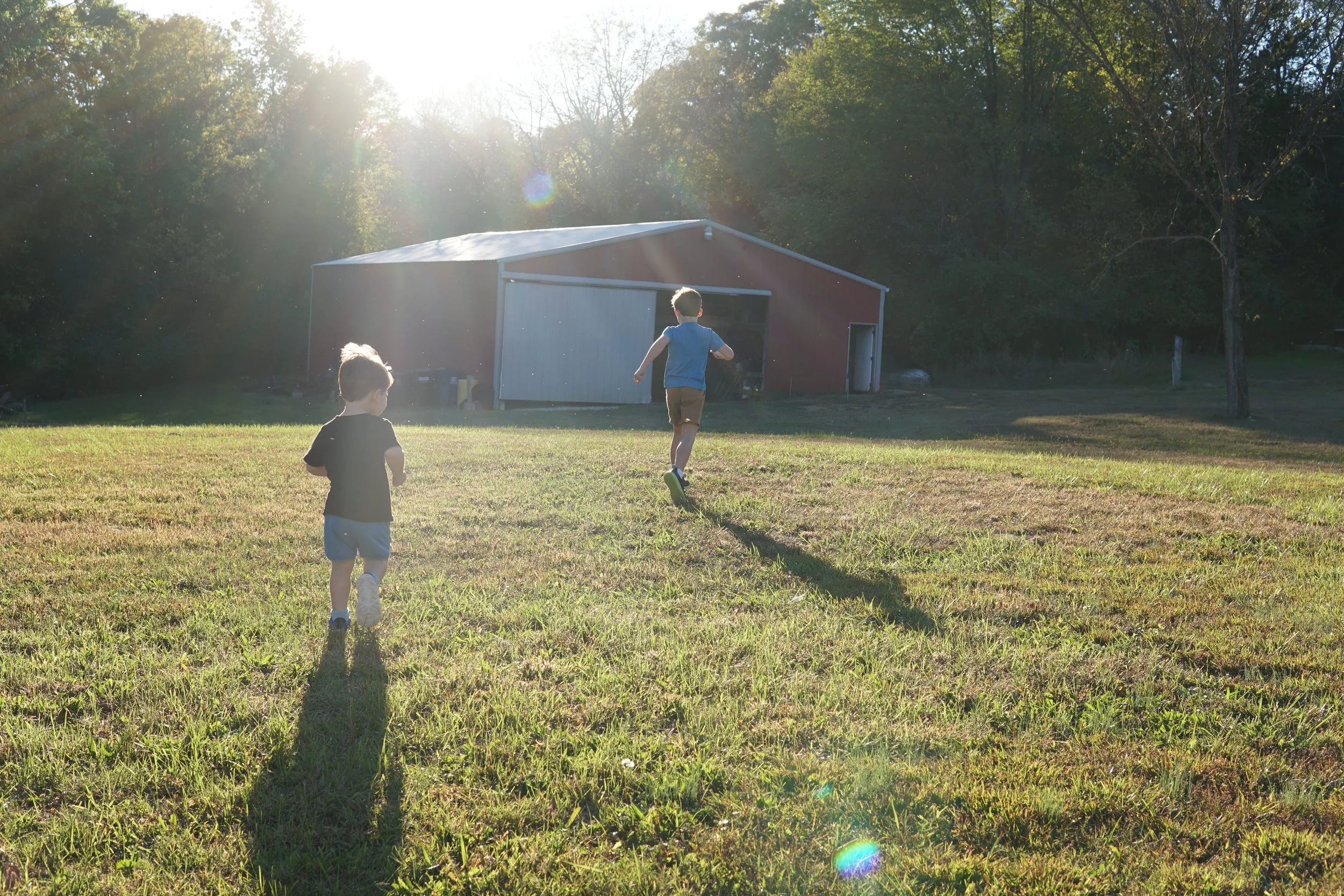 Kentucky family videographer Tara O’Brien captures two boys running to a horse barn in a cinematic outdoor family film celebrating childhood and nature.