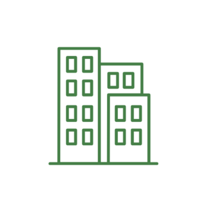 Outline of three connected buildings with windows, in green on a black background.