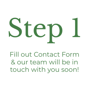 White background with green text that says 'Step 1' and 'Fill out Contact Form & our team will be in touch with you soon!'