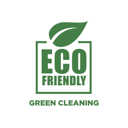 Eco-friendly green cleaning logo featuring a leaf above the text 'ECO FRIENDLY' and 'GREEN CLEANING'.