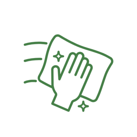 Outline of a hand cleaning a cloth with motion lines indicating movement