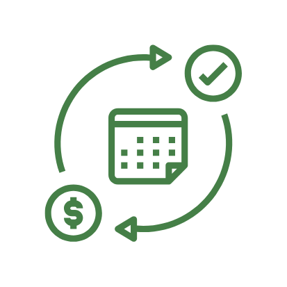 Outline of a calendar with two circular arrows around it, a dollar sign at the bottom, and a check mark at the top, representing financial scheduling or planning.