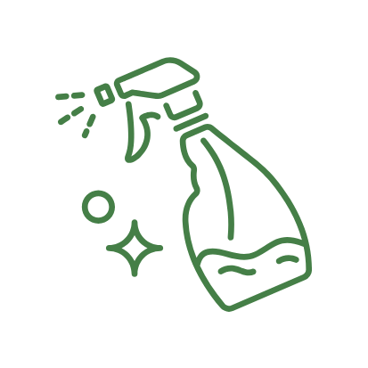 Line drawing of a spray bottle with a trigger, misting spray, a small circle and a star-shaped sparkle