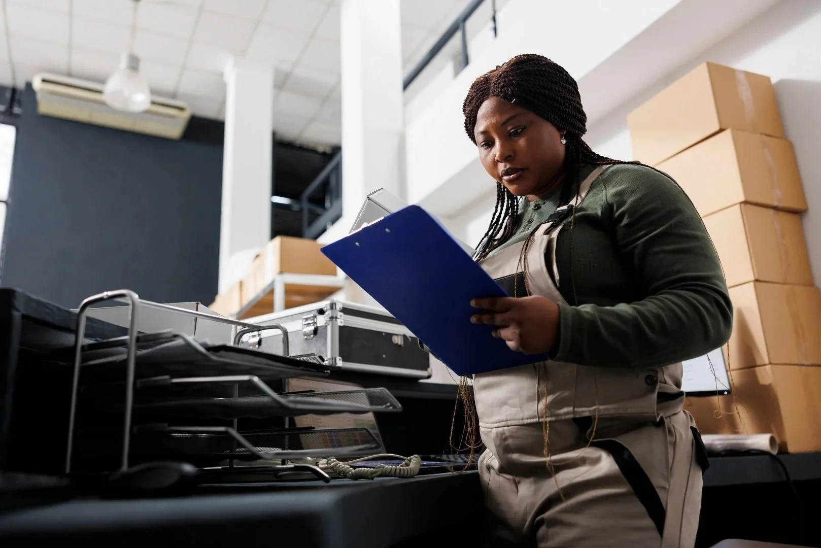 A woman wearing work attire with a beige apron, green shirt, and dark hair styled in braids, holding a blue clipboard and examining documents in a workplace with shelves, boxes, and office equipment.