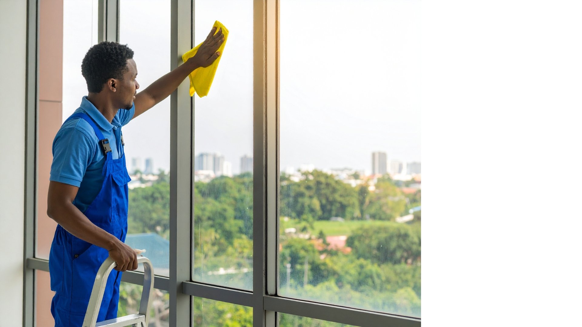 A maintenance worker cleaning large windows with a yellow cloth, standing on a small ladder outdoors with a cityscape and greenery in the background.