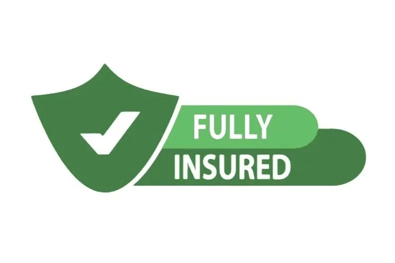 Green shield with a checkmark next to the words 'Fully Insured' on a white background.