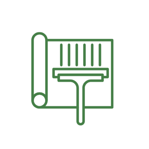 Green paint roller and paintbrush icon on black background.