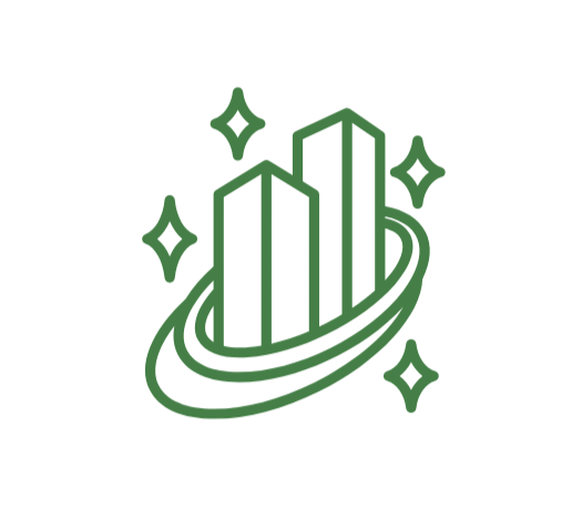 Green line chart with upward trend, surrounded by sparkles and a swirling ring, representing growth or success.