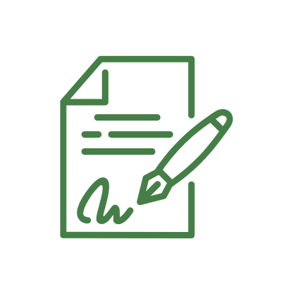 Icon of a document with lines of text and a signature line, along with a pen signing the document.