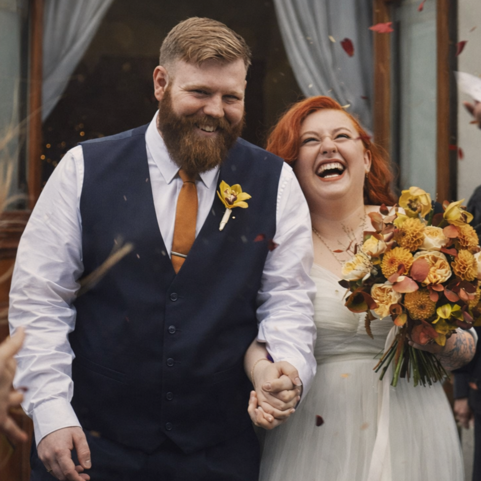 York wedding couple with seasonal bridal bouquet made and delivered by Spider Gerbera, wedding florist in York, specialising in natural, bespoke wedding flowers. Highly rated York wedding flowers.