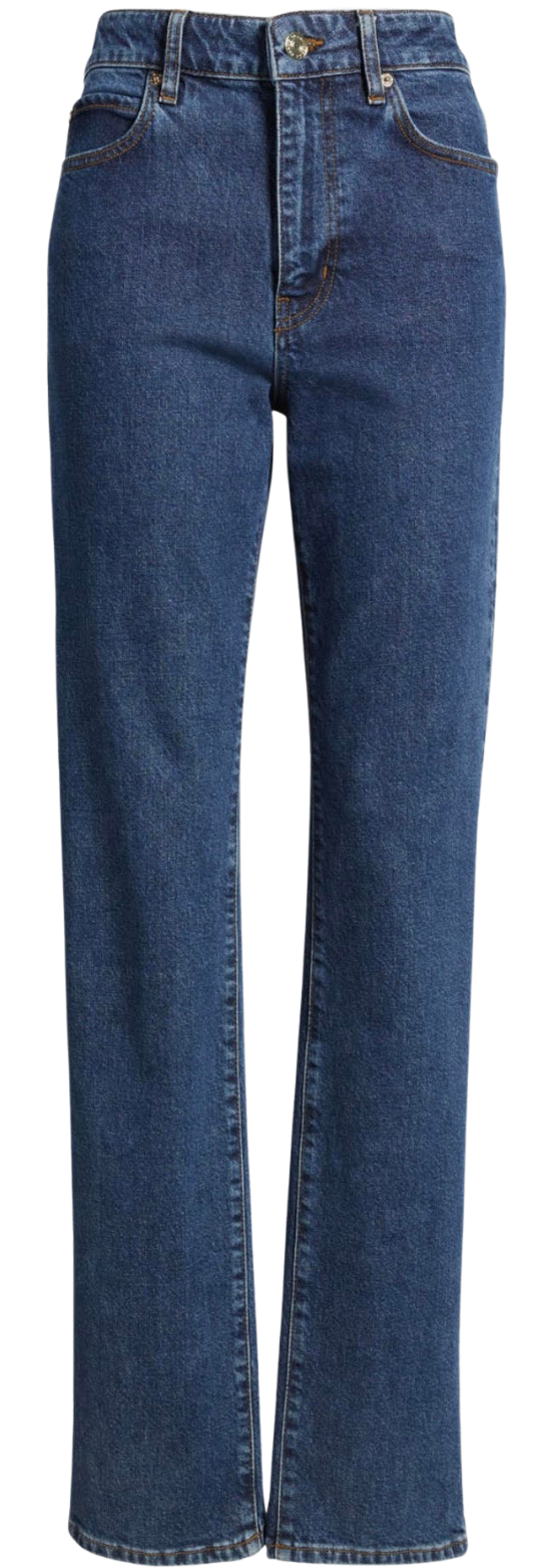 Pair of blue denim jeans with a button and belt loops.