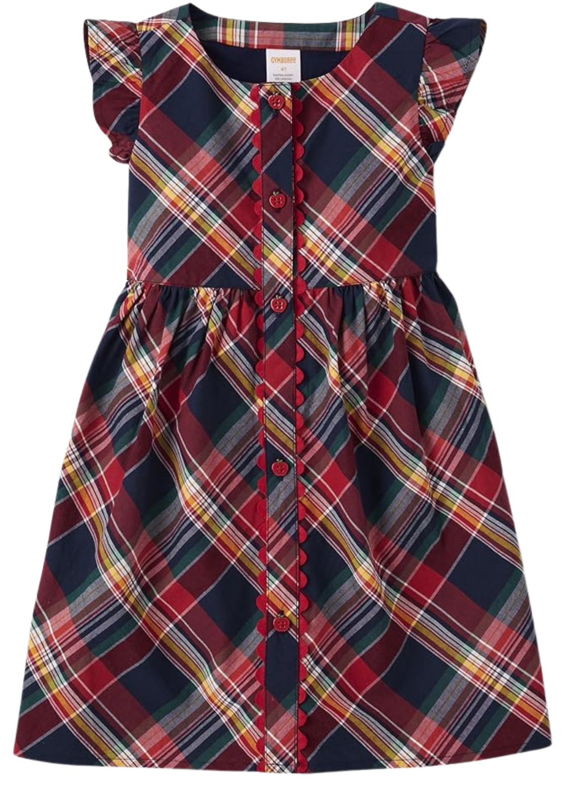 Child's dress in red, green, yellow, and white plaid pattern with a row of red buttons and ruffled sleeves.