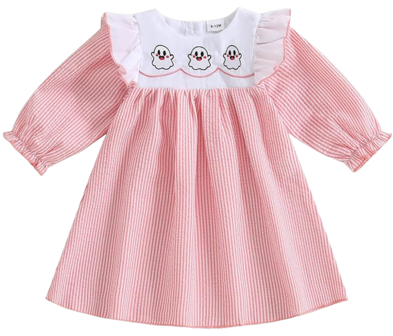 Baby girl's pink and white dress with ghost patterns on the front