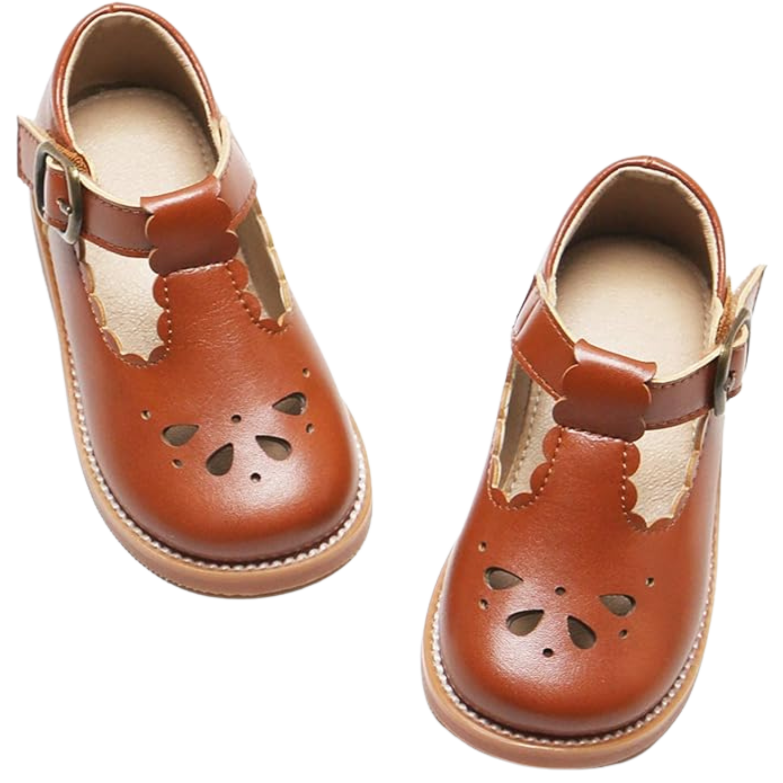 Pair of brown leather shoes with cutout floral design on the toe area and ankle straps with buckles.