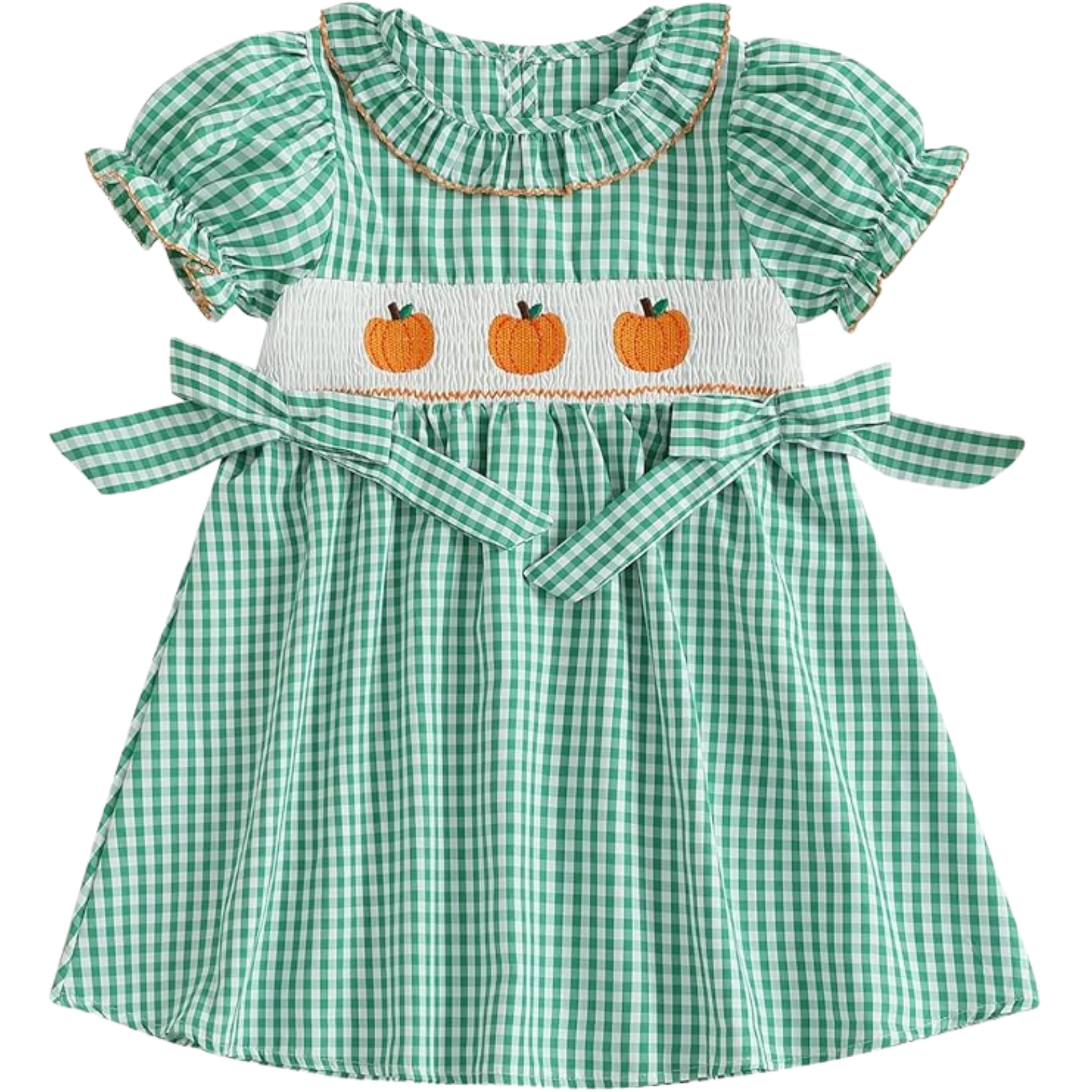 A green gingham dress with ruffled sleeves, a smocked bodice embroidered with three orange pumpkins, and a matching waist tie.