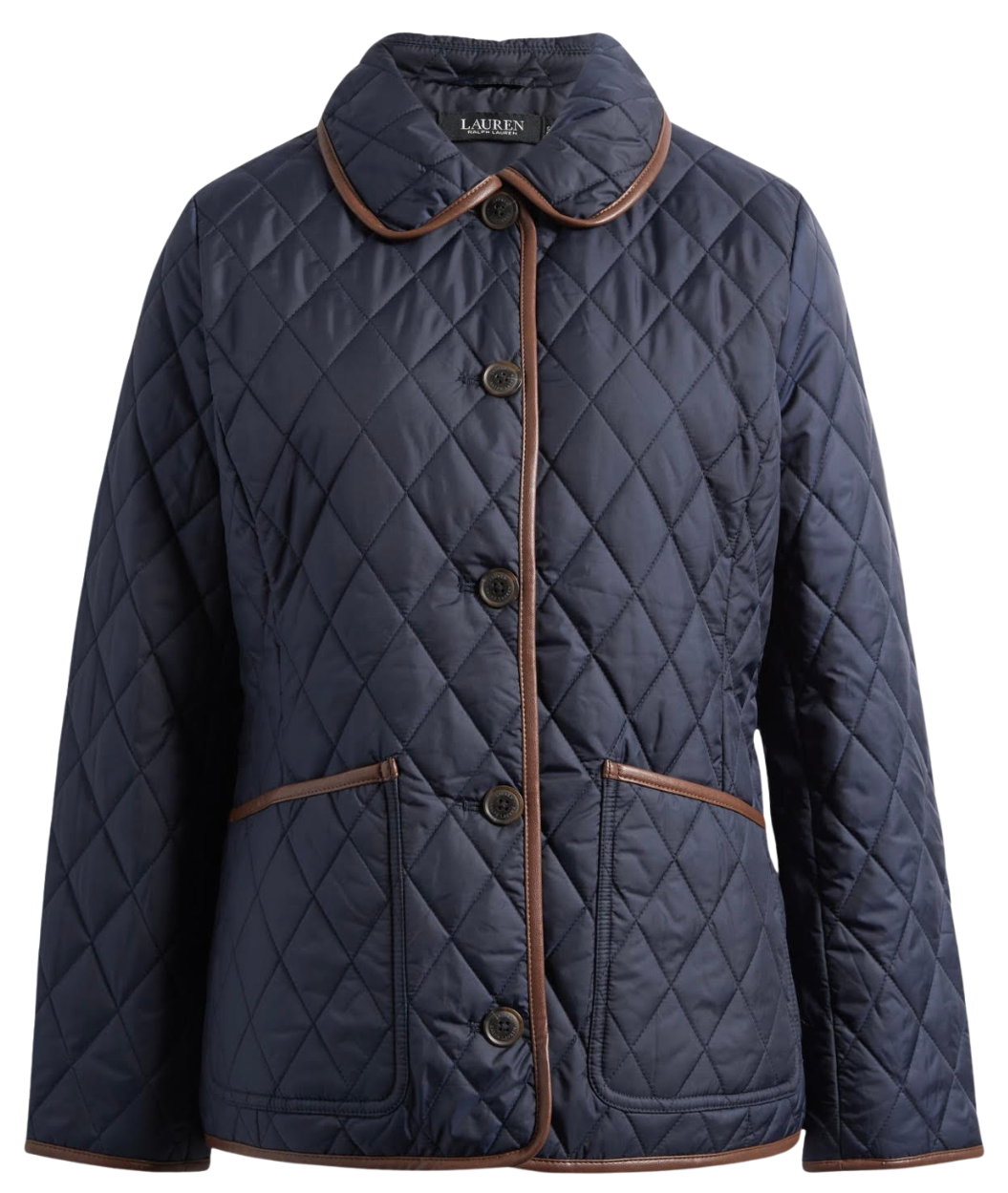 Navy blue quilted jacket with brown piping, button closure, and a collar, displayed on a mannequin.