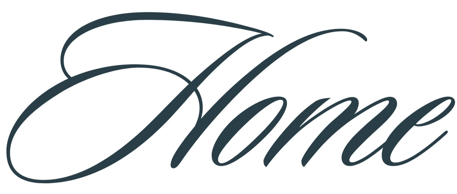 Elegant script spelling the word 'Home' in dark teal color.