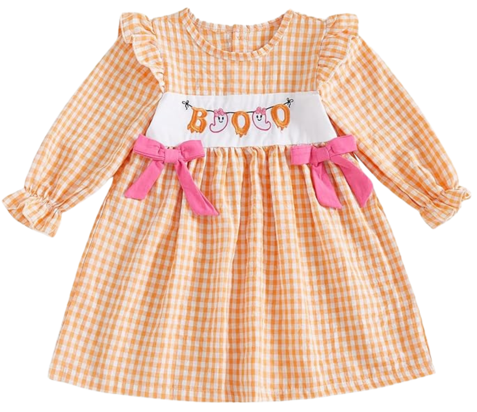 Girl's orange and white checkered dress with pink bows and Halloween-themed embroidery saying 'BOO' with happy ghosts.