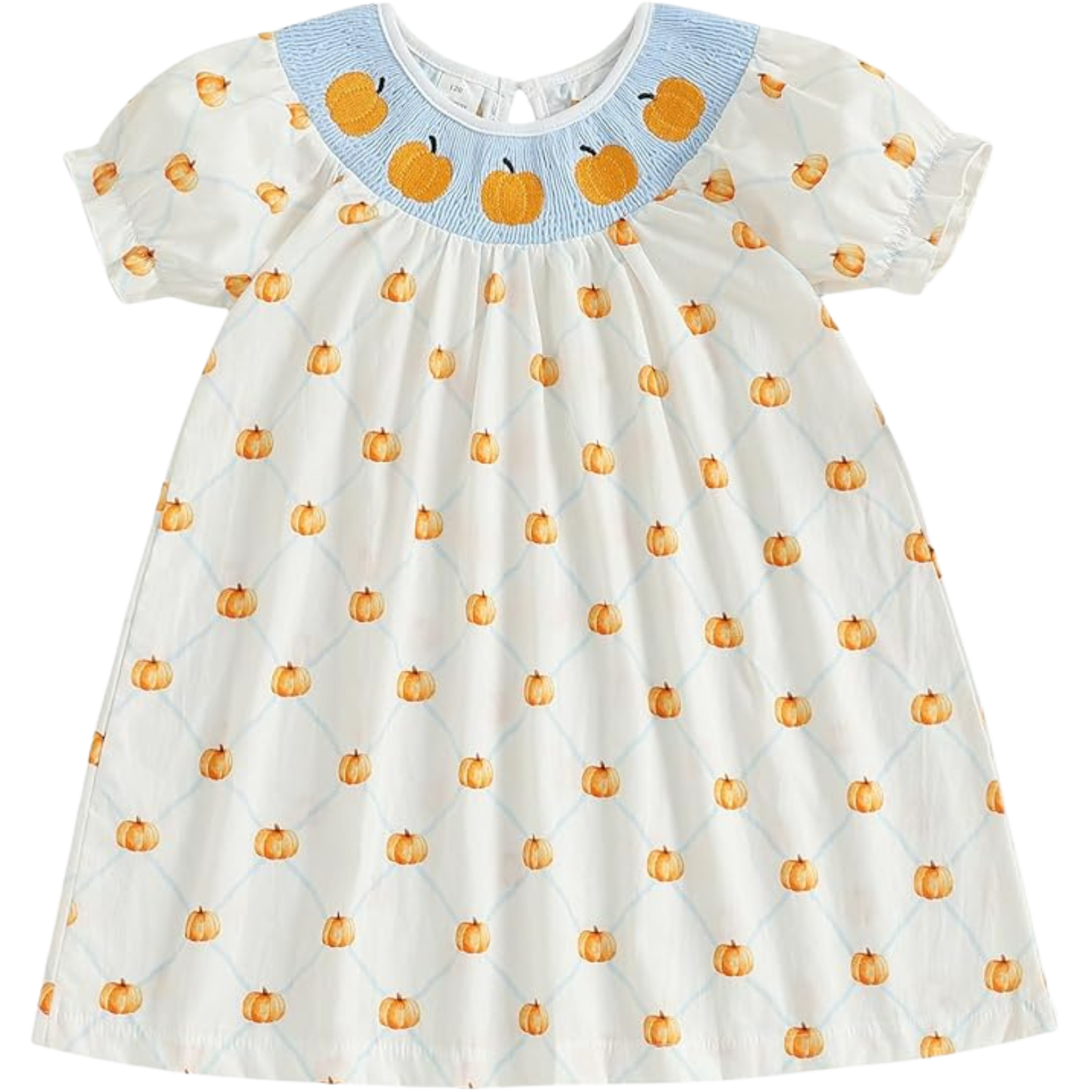 A children's dress with a pumpkin pattern and a blue rounded collar with pumpkin embroidery.