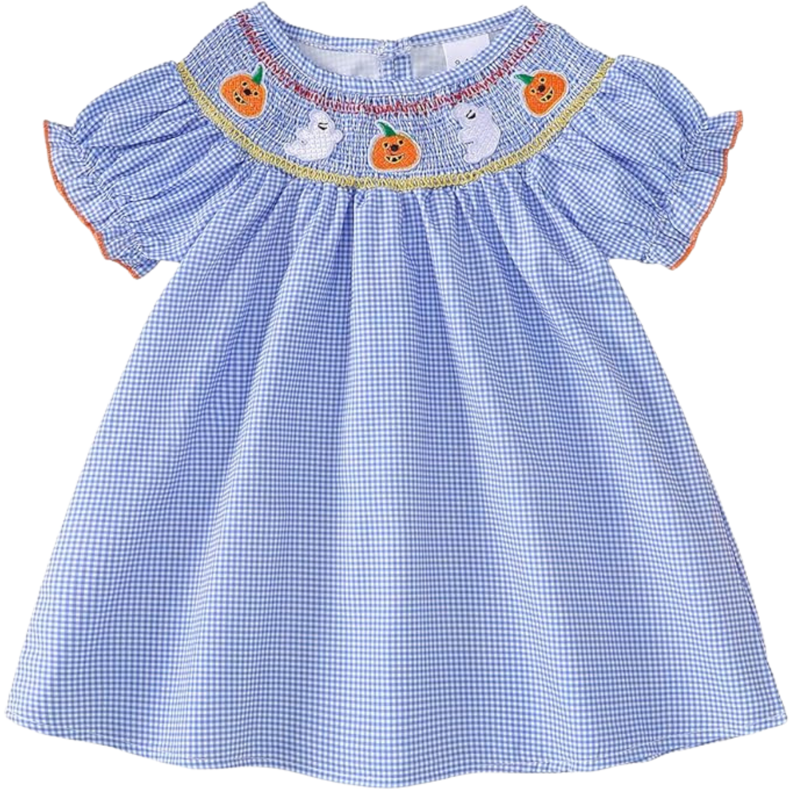 A blue and white checkered dress with ruffled sleeves and Halloween-themed embroidery on the collar, featuring smiling pumpkins and ghosts.