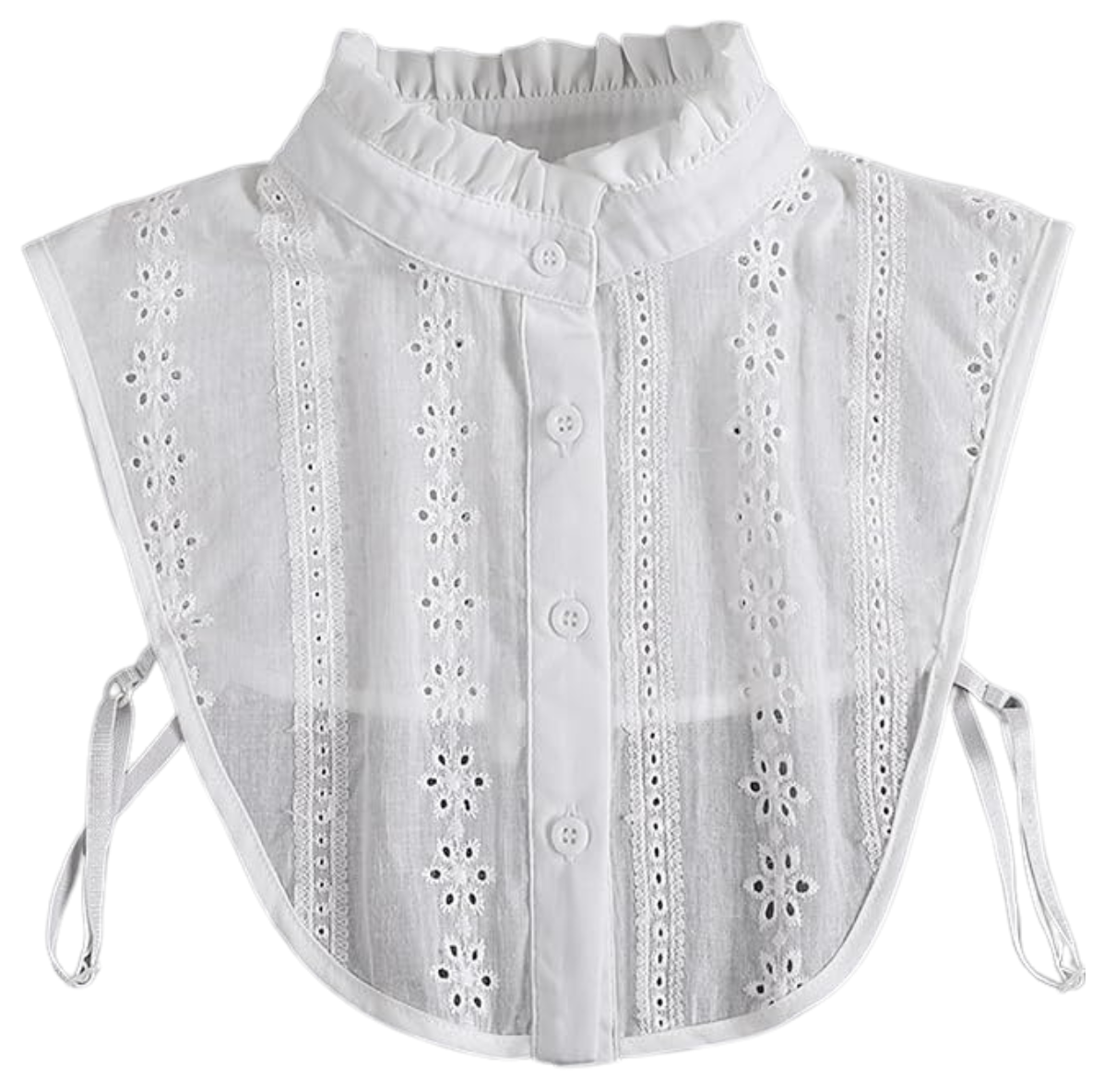 A white, embroidered, Victorian-style leaf pattern blouse with buttons down the front and tied ribbons on the sides.