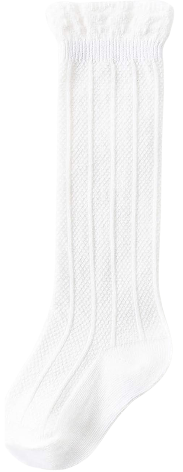 A single white sock with a ribbed top and textured knit pattern.