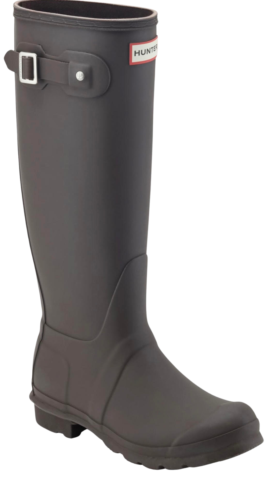 A black Hunter brand rain boot with a buckle strap near the top.