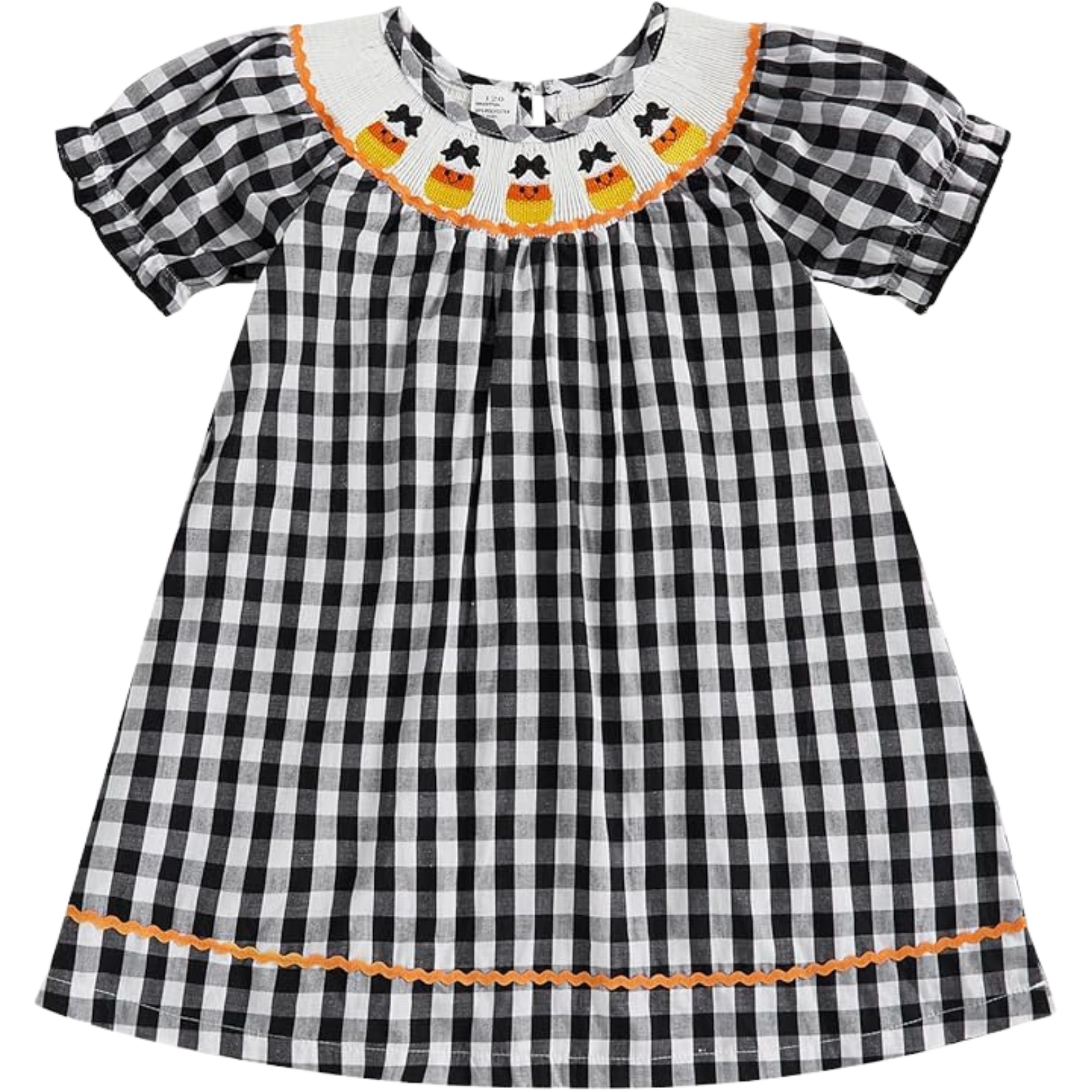 A black and white checkered girl's dress with puffed sleeves and orange trim along the hem and collar, featuring a decorative neckline with embroidery of yellow chicks with black bows.
