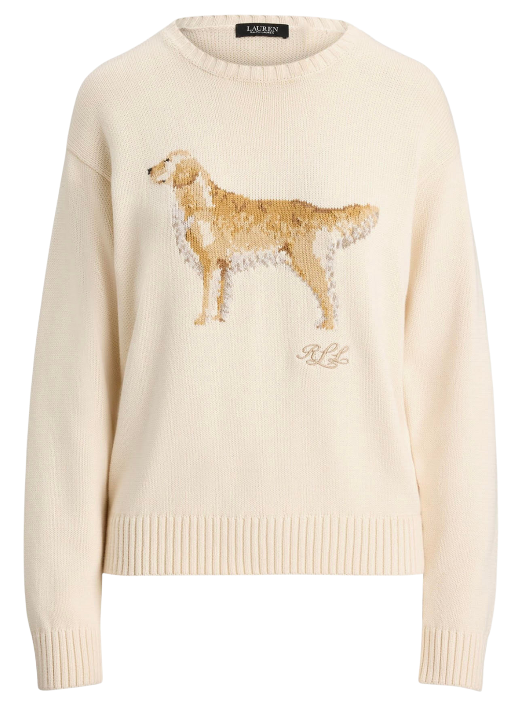 Cream-colored sweater with a stitched golden retriever dog graphic and 'RL' initials embroidered below.