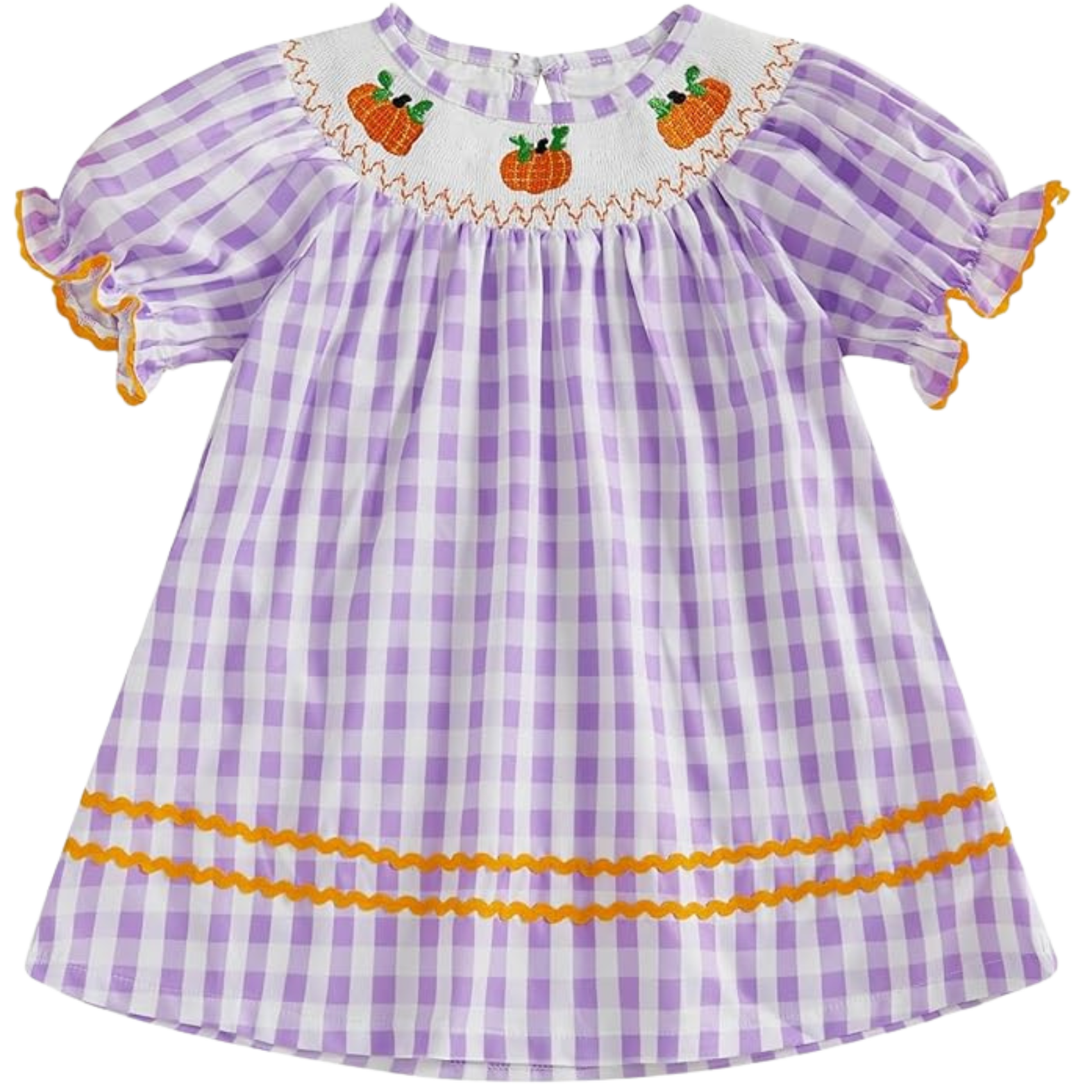 A purple and white checkered dress for a young girl with embroidered pumpkins and green leaves around the neckline and orange trim at the hem and sleeves.