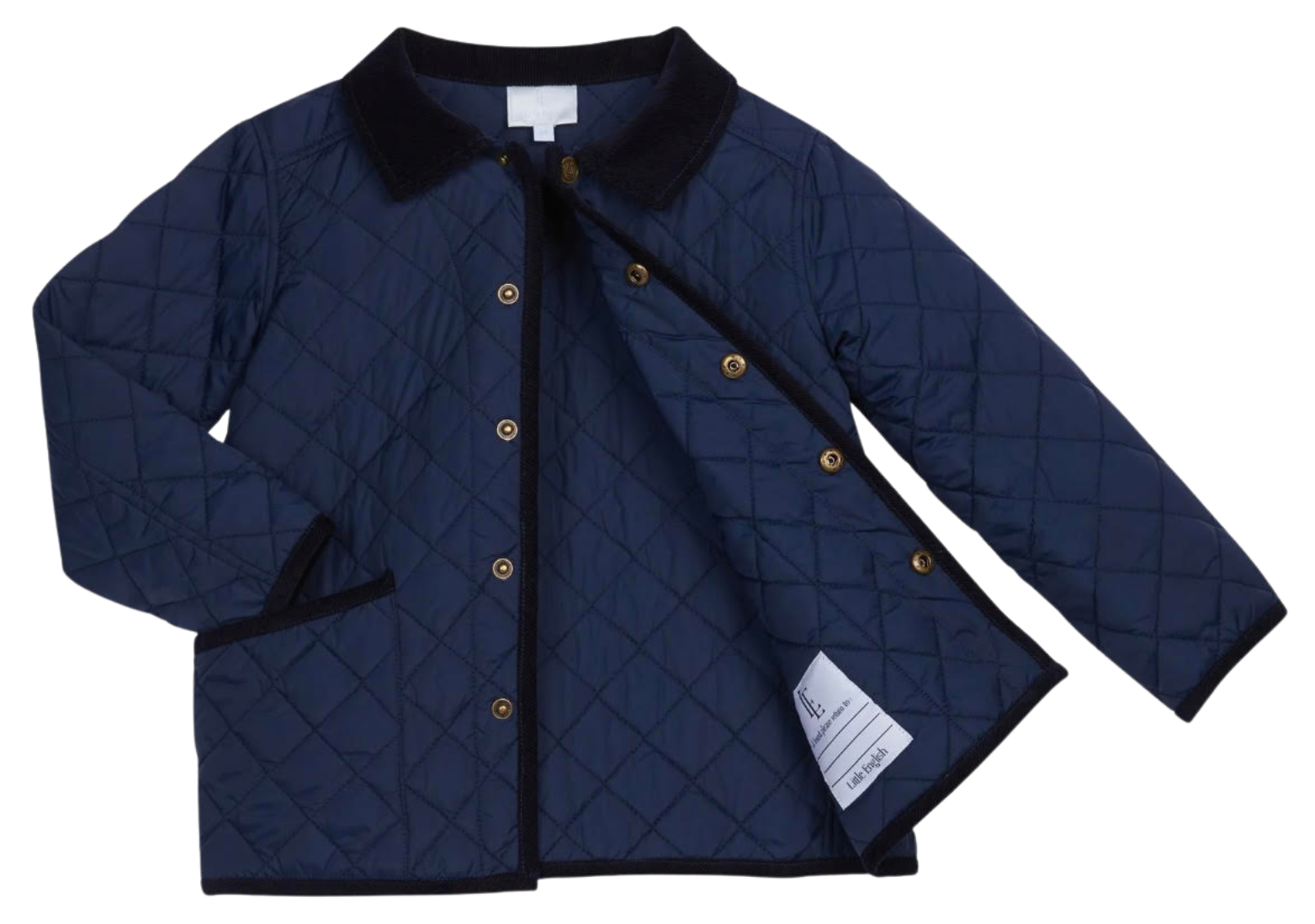 A navy blue quilted jacket with a black velvet collar, gold buttons, and a tag inside.