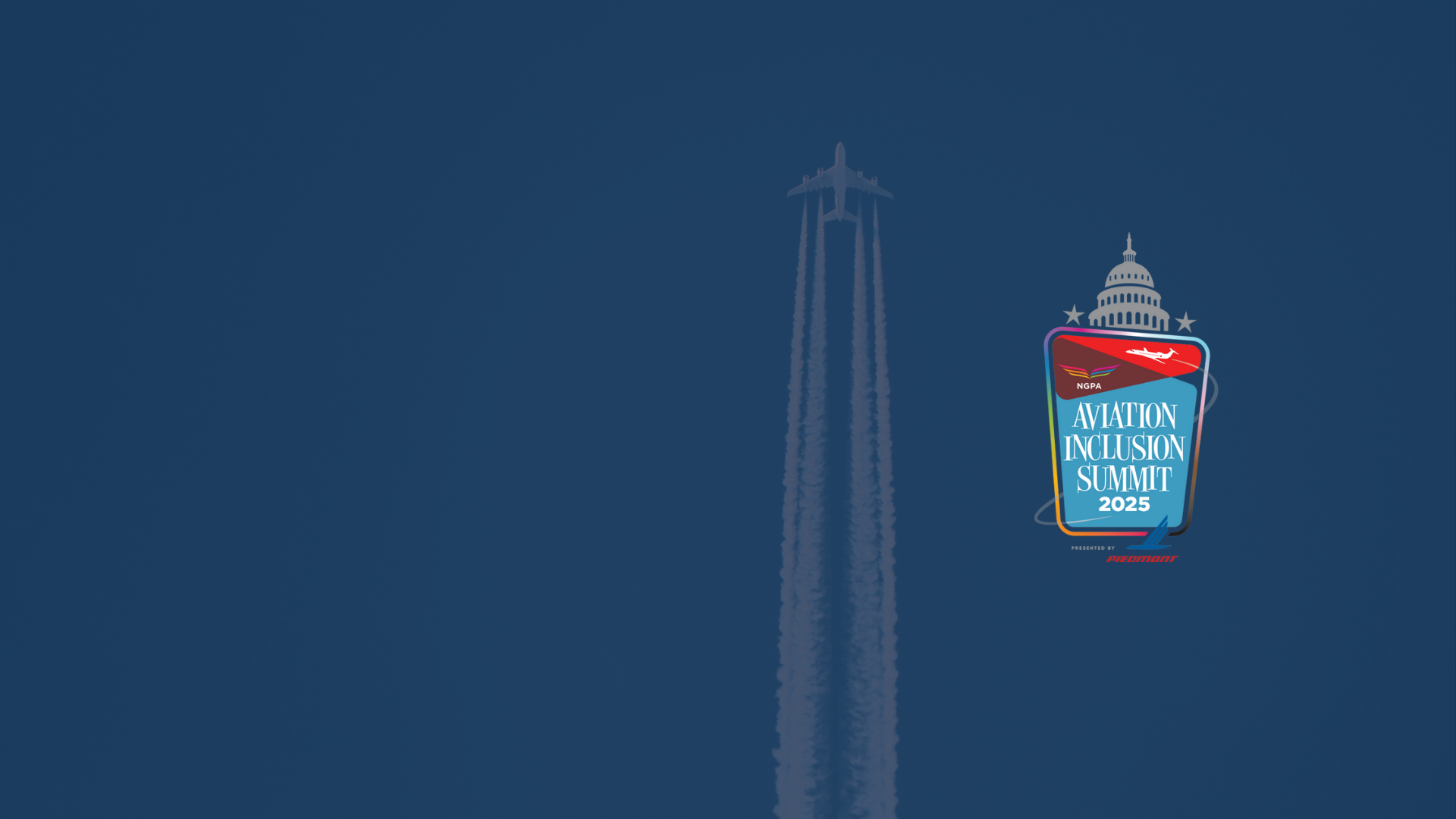 A blue sky with a jet leaving vapor trails behind it. A badge with the text 'Aviation Inclusion Summit 2025,' the U.S. Capitol building, and an aircraft logo. The badge has red, blue, and white colors.