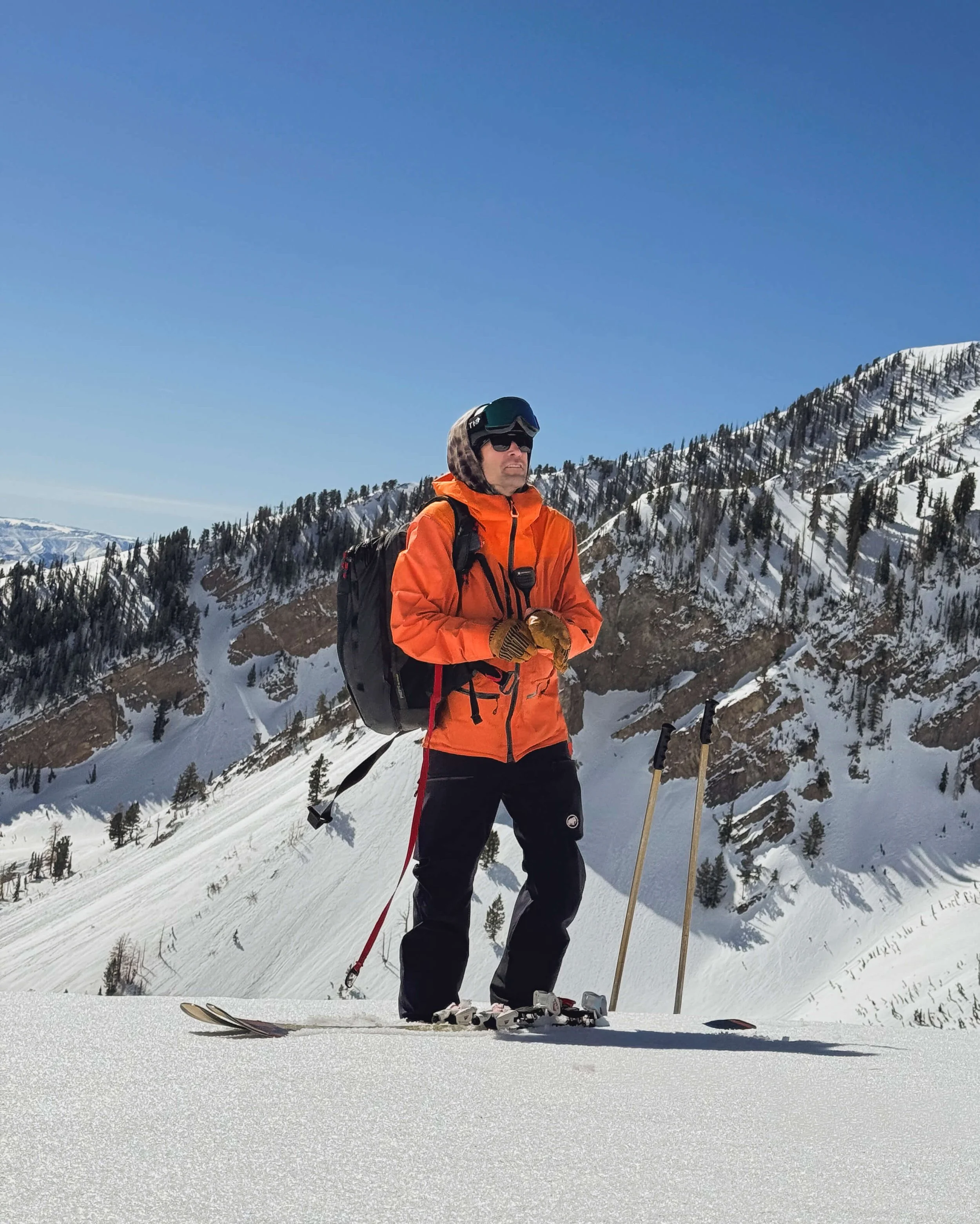 A man dressed in orange ski gear standing on a snowy mountain slope with ski poles and skis, overlooking a mountain landscape with snow-covered slopes and pine trees under a clear blue sky.