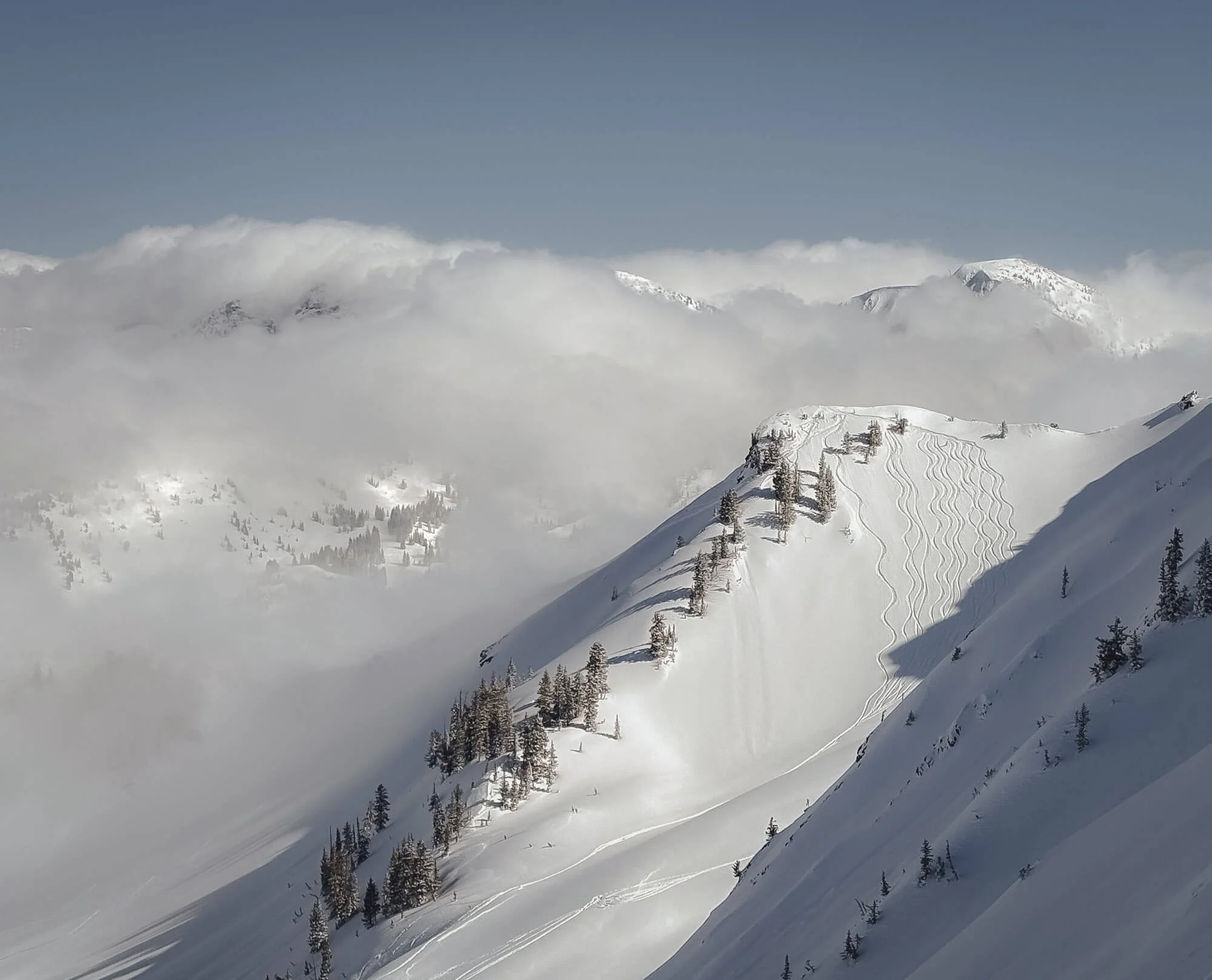 Snow-covered mountain slope with ski tracks and sparse trees, with clouds and distant mountain peaks in the background.