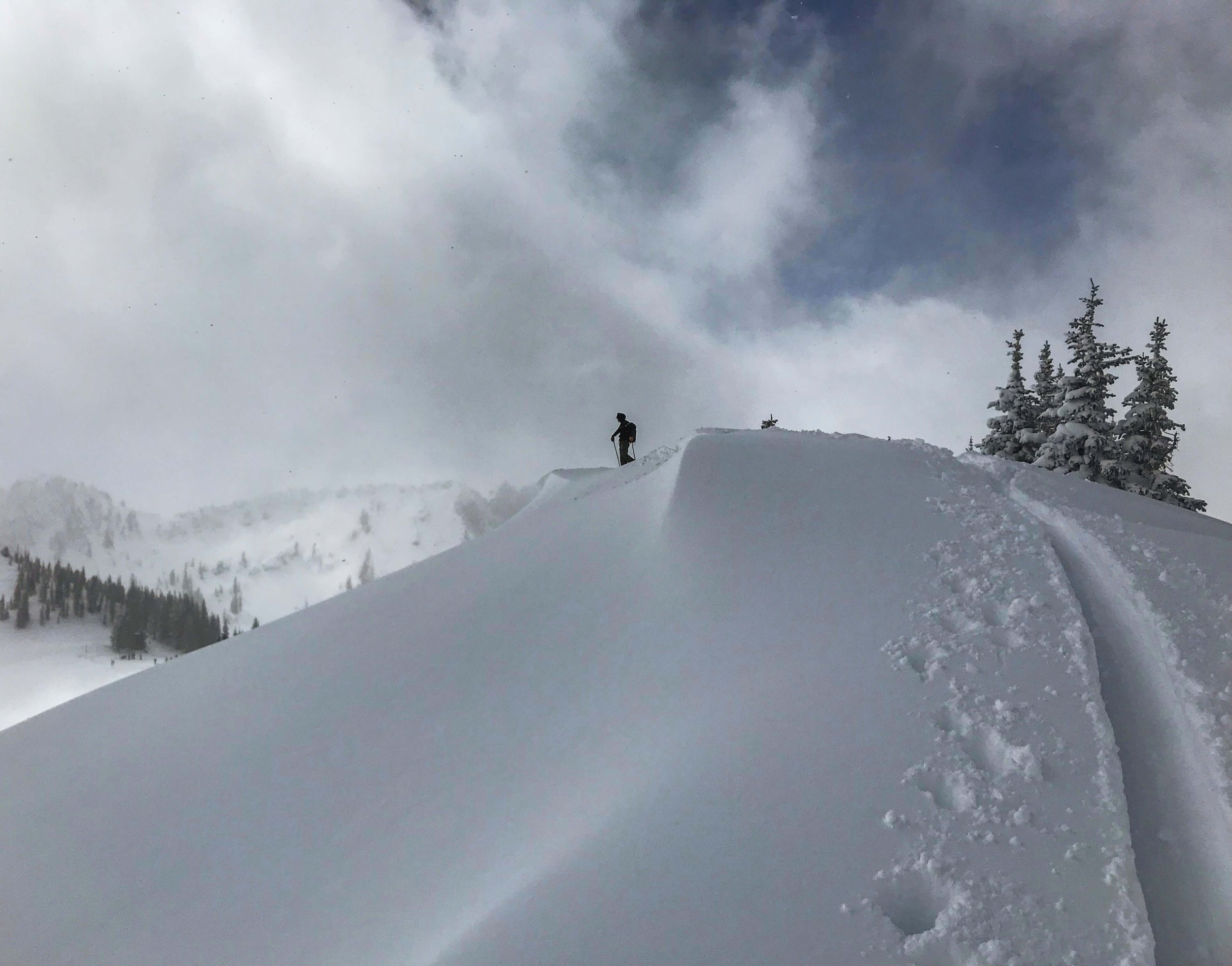 A person with a backpack standing on a snow-covered hilltop with footprints, surrounded by snow-laden trees with cloudy sky in the background.