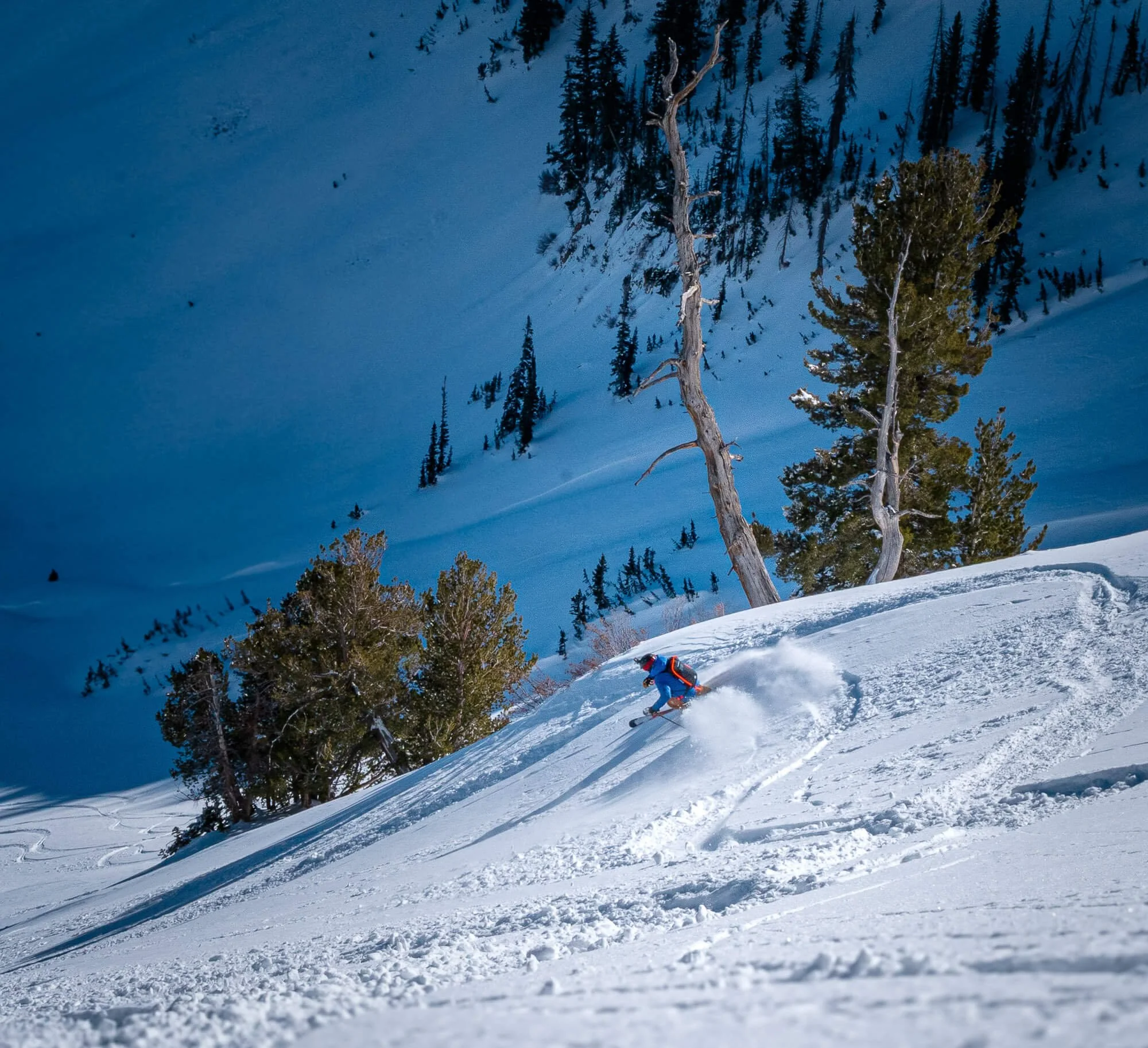 A skier in blue gear skiing down a snowy slope surrounded by trees and mountains.
