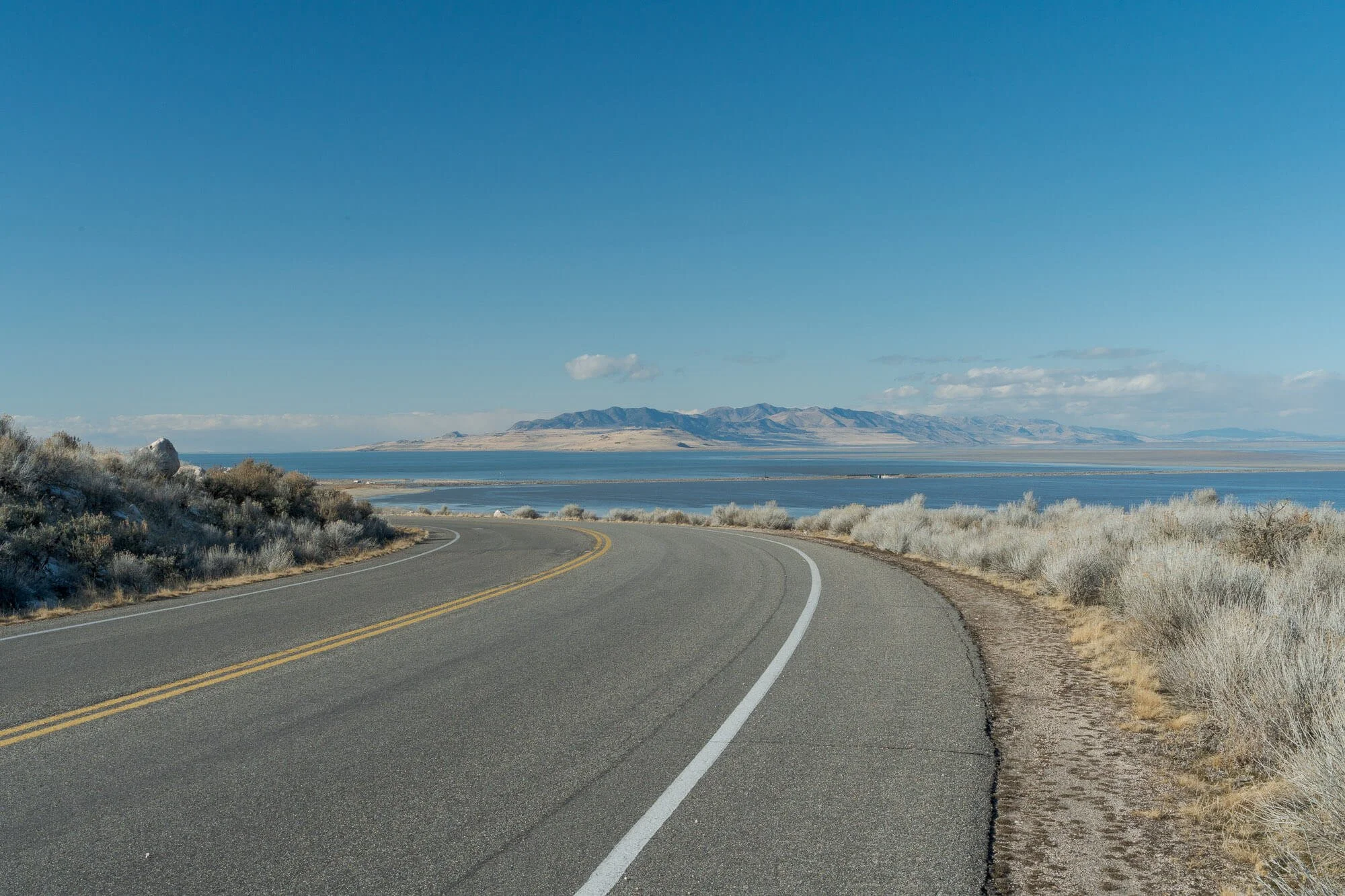 Winding road beside a lake with mountains in the background and desert shrubs along the side under a clear blue sky.
