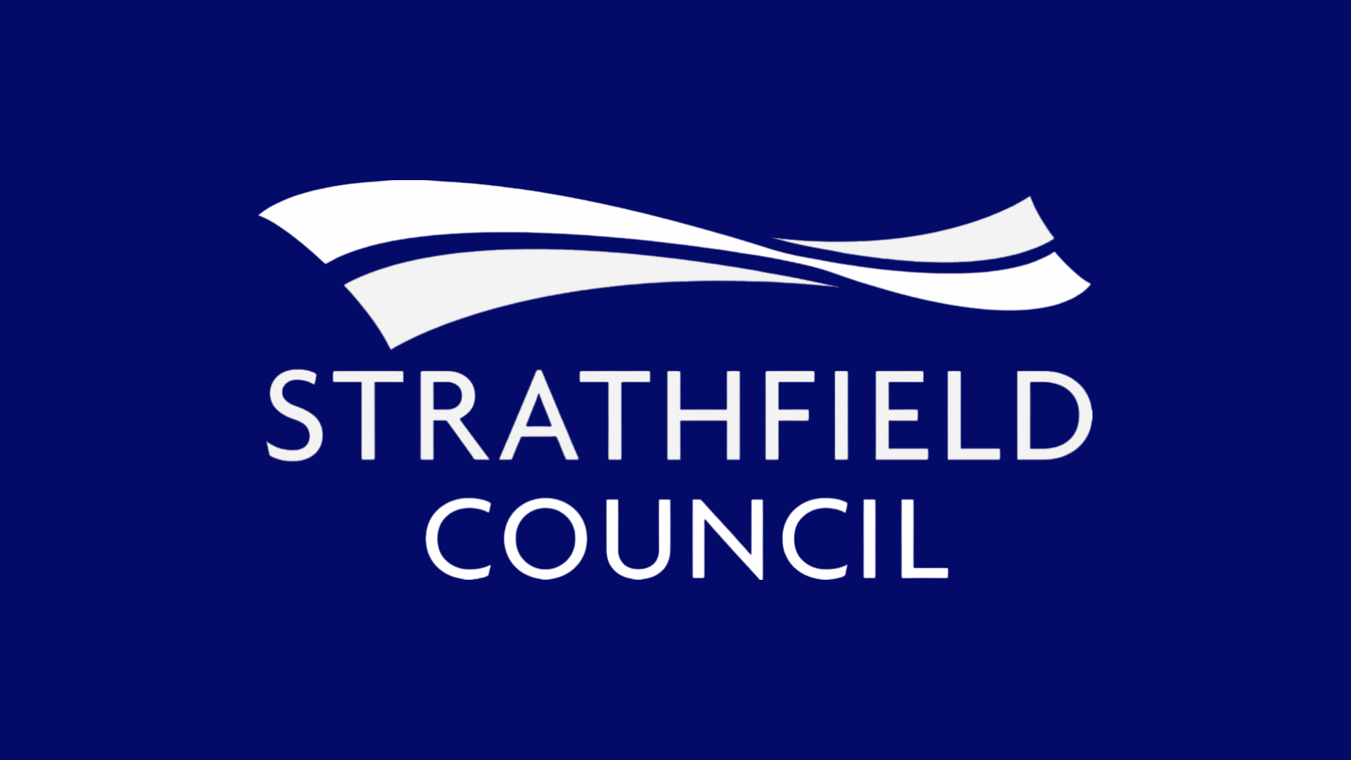 The logo of Stratfield Council features three white stylized wave-like shapes above the words 'STRATFIELD COUNCIL' in white capital letters on a blue background.