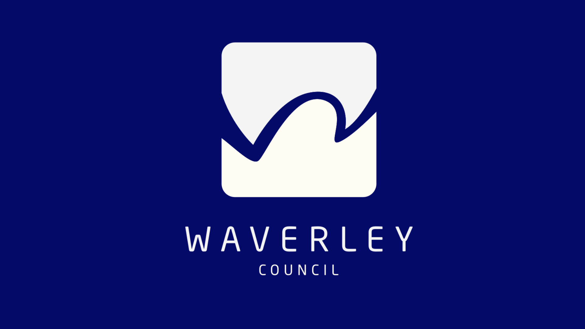 Logo of Waverly Council with a stylized wave design above the text 'Waverly Council' on a dark blue background.