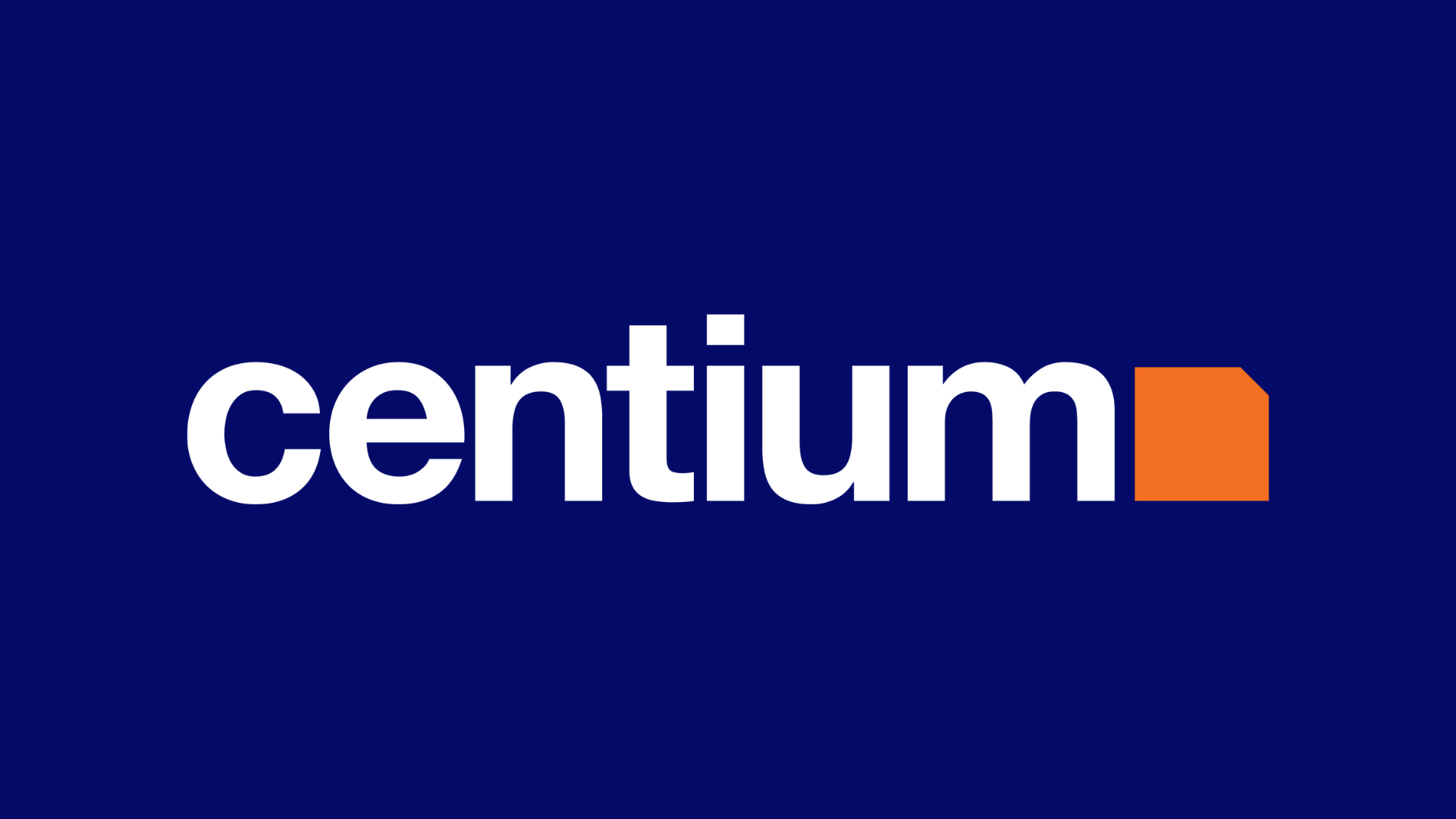 Centium logo with dark blue background, white text, and an orange square design.