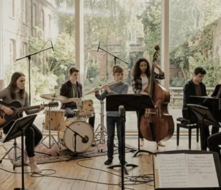 Six young women sitting and standing around a table in a classroom, smiling and laughing, with a chalkboard and window in the background.
