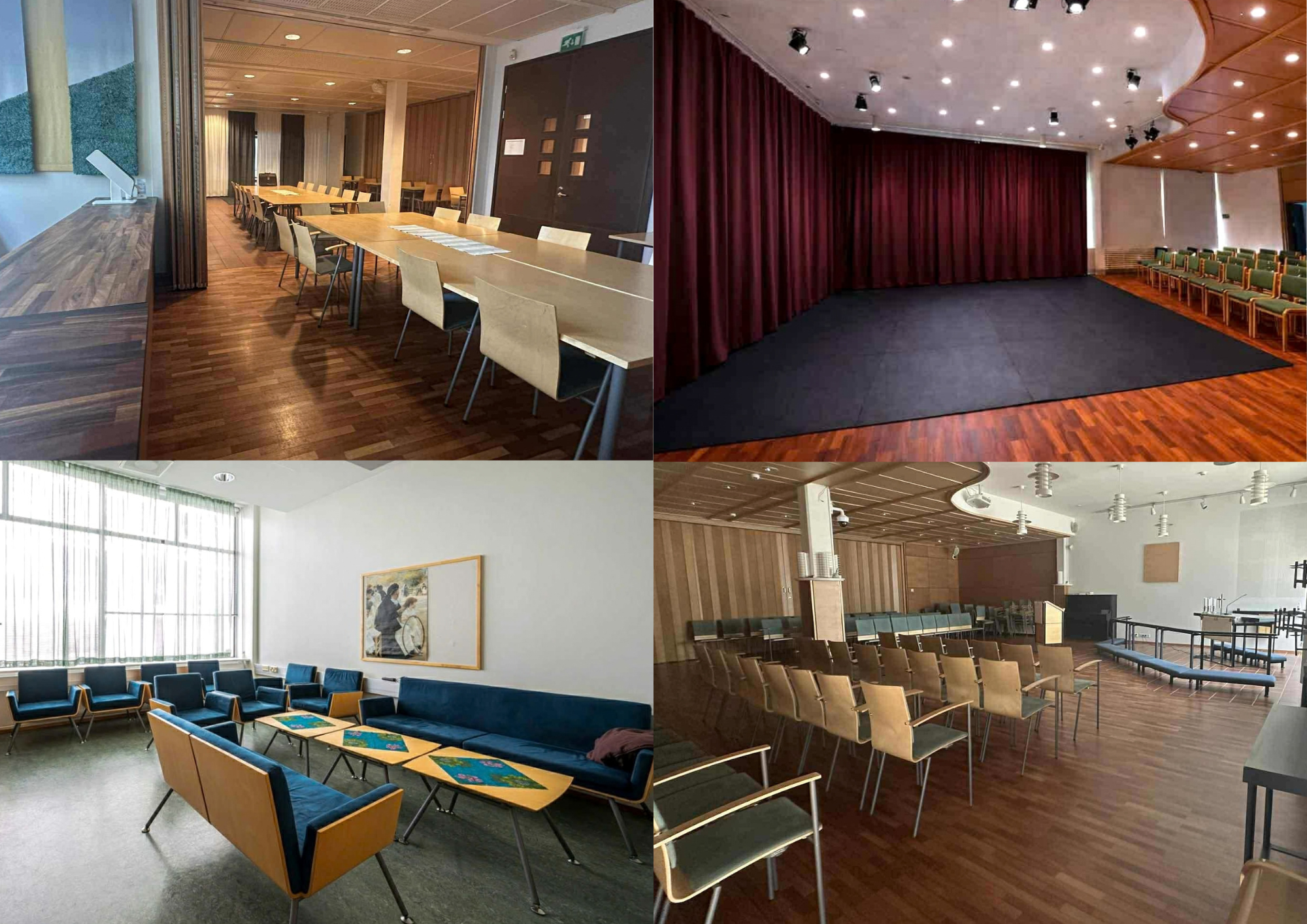 Collage of six images showing various indoor rooms, including a conference or meeting room, office, classroom, and playroom, with chairs, tables, curtains, and educational materials.